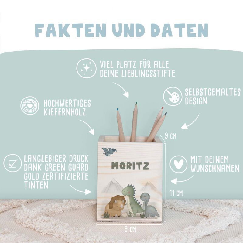 Personalisierter Stiftehalter "Dinowelt" bunt bedruckt