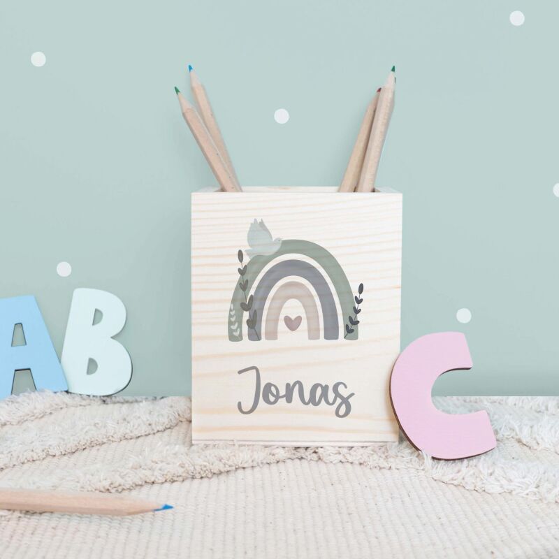 Personalisierter Stiftehalter "Regenbogen mit Taube" bunt bedruckt