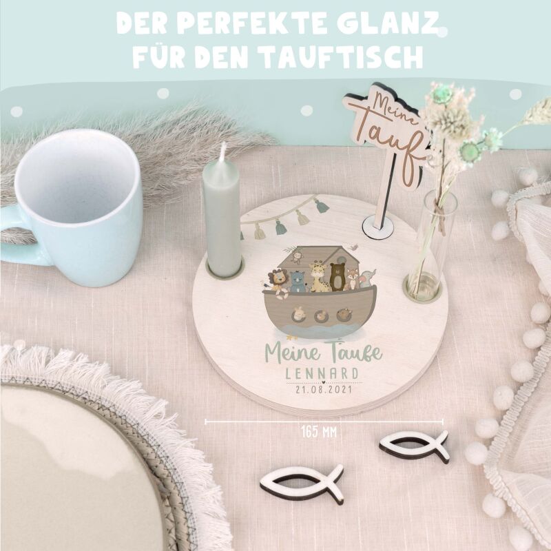 Personalisierter Taufteller "Arche Noah" mit Vase & Wunsch-Holzaufsteller