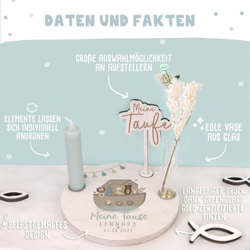Personalisierter Taufteller "Arche Noah" mit Vase & Wunsch-Holzaufsteller