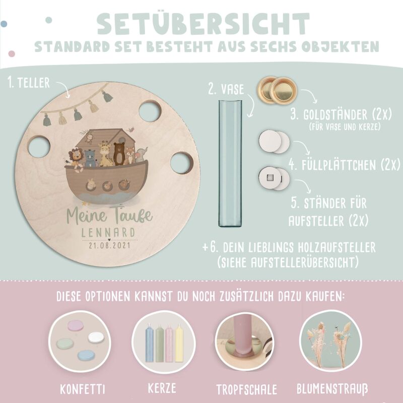 Personalisierter Taufteller "Arche Noah" mit Vase & Wunsch-Holzaufsteller