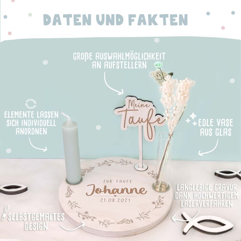 Taufteller Blumenkranz personalisiert Gravur