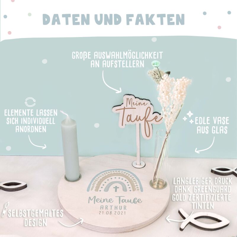 Personalisierter Taufteller "Regenbogen Blau" mit Vase & Wunsch-Holzaufsteller