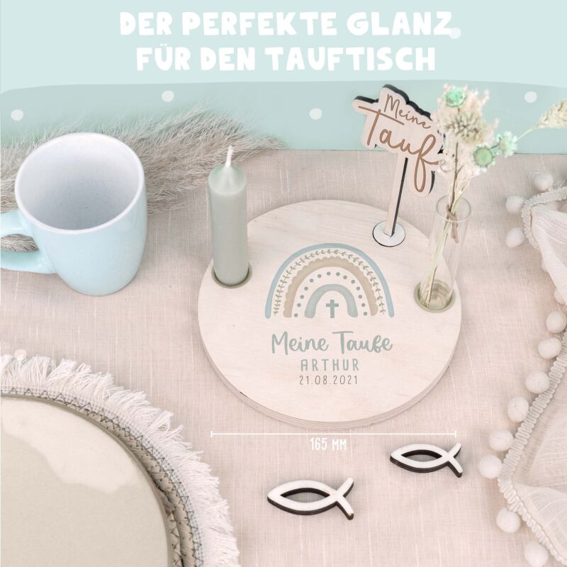 Personalisierter Taufteller "Regenbogen Blau" mit Vase & Wunsch-Holzaufsteller
