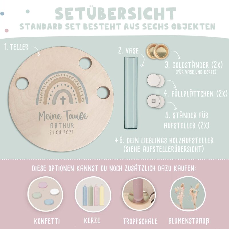 Personalisierter Taufteller "Regenbogen Blau" mit Vase & Wunsch-Holzaufsteller
