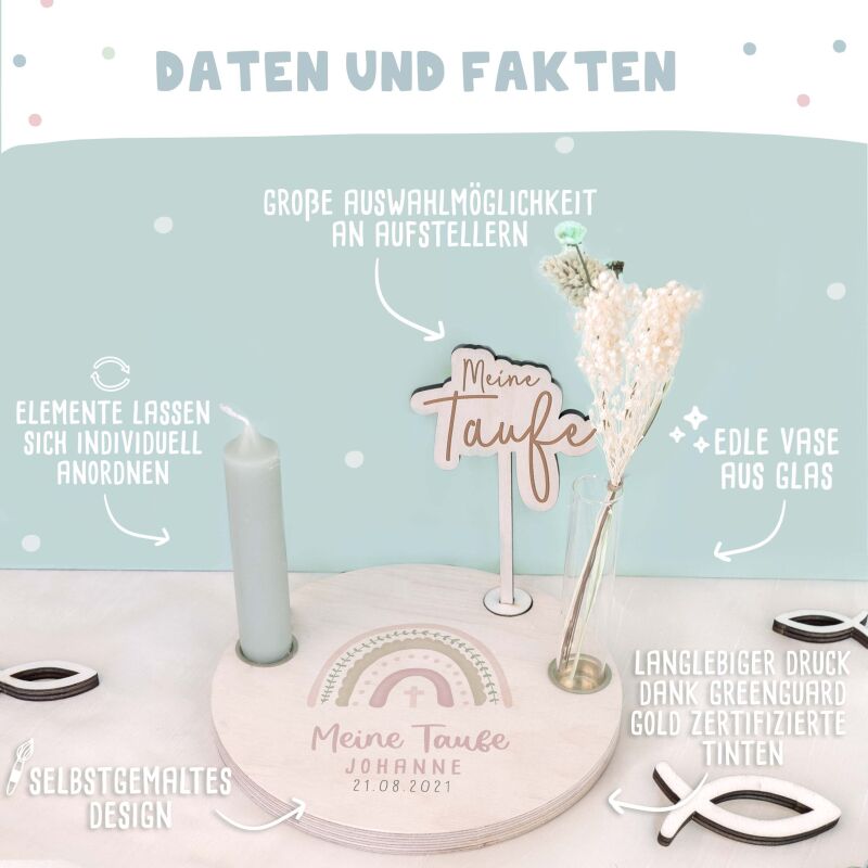 Personalisierter Taufteller "Regenbogen Rosa" mit Vase & Wunsch-Holzaufsteller