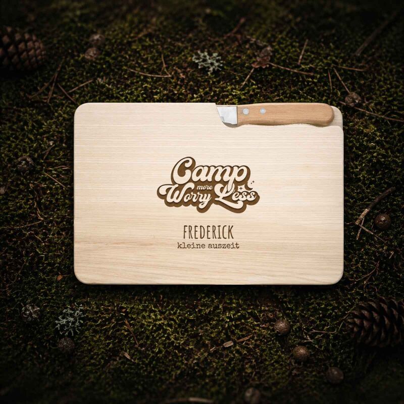 Frühstücksbrettchen mit Messer „Camping“ personalisiert Gravur
