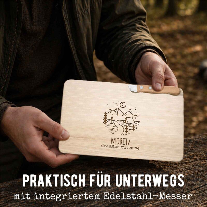 Frühstücksbrettchen mit Messer „Camping“ personalisiert Gravur