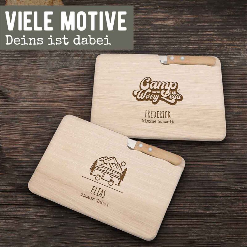 Frühstücksbrettchen mit Messer „Camping“ personalisiert Gravur