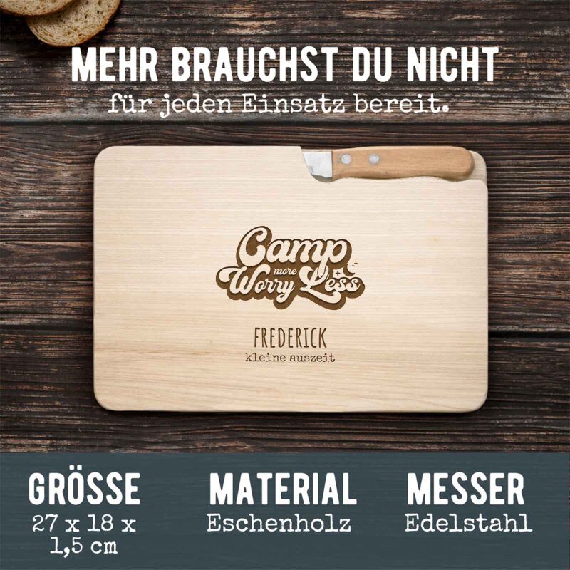 Frühstücksbrettchen mit Messer „Camping“ personalisiert Gravur