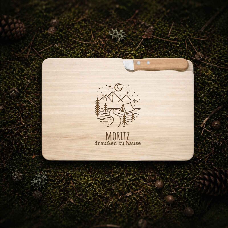Frühstücksbrettchen mit Messer „Camping“ personalisiert Gravur