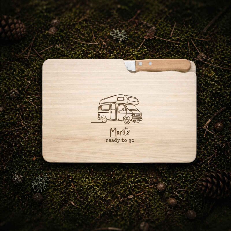 Frühstücksbrettchen mit Messer „Camping“ personalisiert Gravur