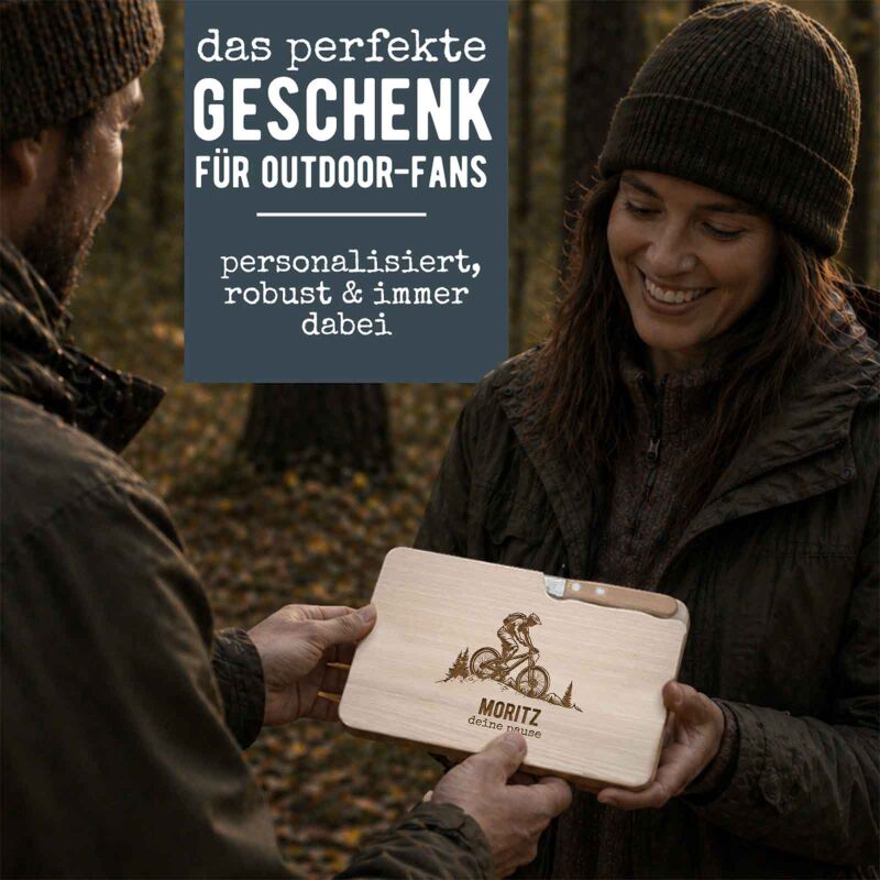 Frühstücksbrettchen mit Messer „Mountainbike“ personalisiert Gravur