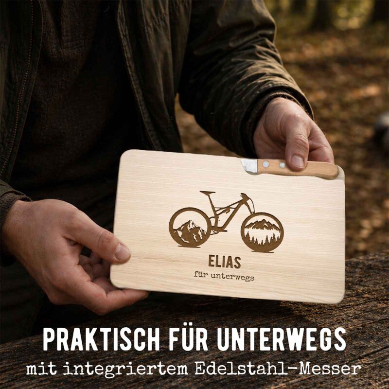 Frühstücksbrettchen mit Messer „Mountainbike“ personalisiert Gravur