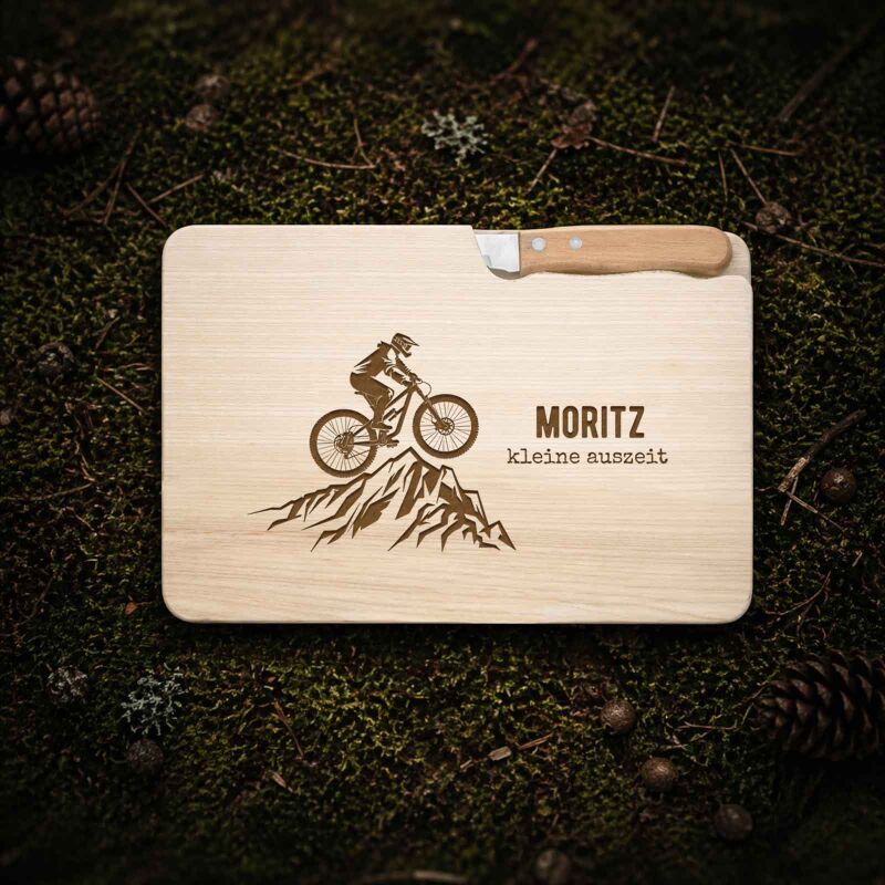 Frühstücksbrettchen mit Messer „Mountainbike“ personalisiert Gravur