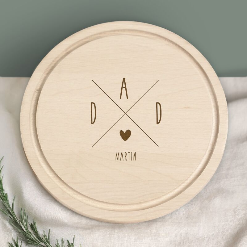 Personalisiertes Frühstücksbrettchen Rund Buche "Dad Kreuz" Geschenk zum Vatertag Gravur