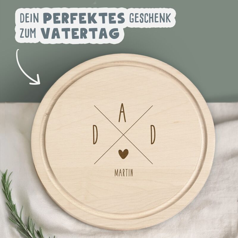 Personalisiertes Frühstücksbrettchen Rund Buche "Dad Kreuz" Geschenk zum Vatertag Gravur