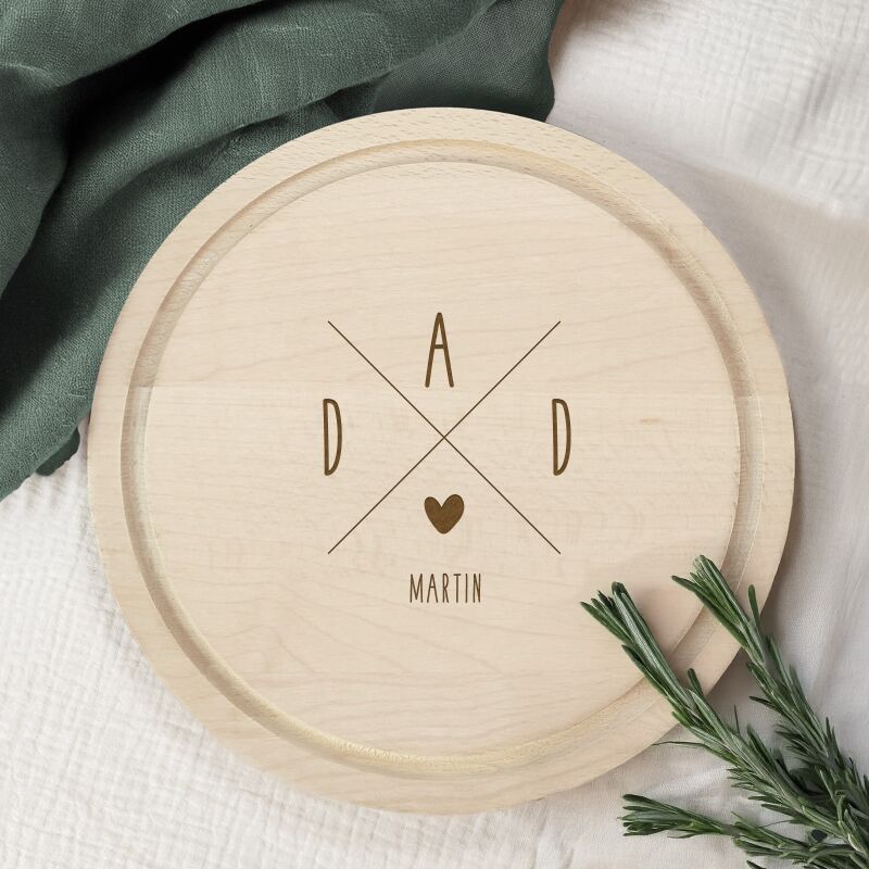 Personalisiertes Frühstücksbrettchen Rund Buche "Dad Kreuz" Geschenk zum Vatertag Gravur