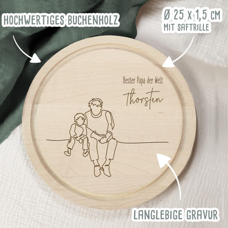 Personalisiertes Frühstücksbrettchen Rund Buche "Danke Papa" Geschenk zum Vatertag Gravur