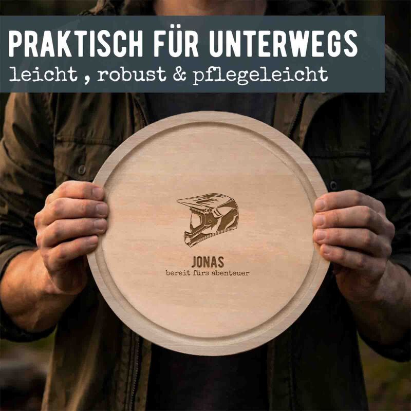 Frühstücksbrettchen rund Buche „Mountainbike“ personalisiert Gravur