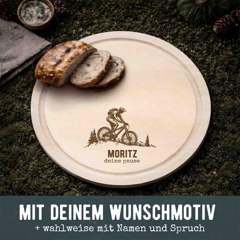 Frühstücksbrettchen rund Buche „Mountainbike“ personalisiert Gravur