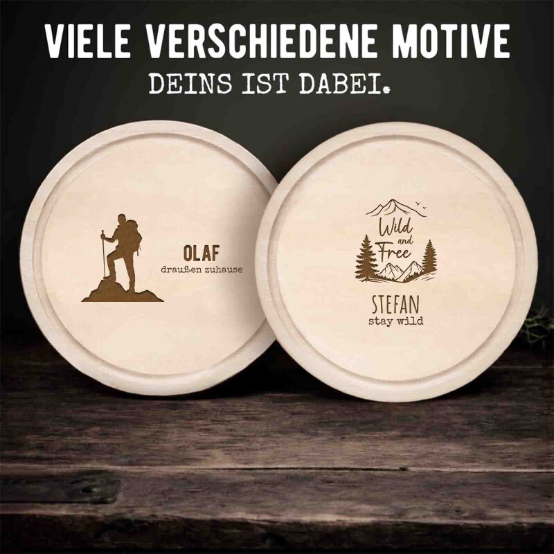 Frühstücksbrettchen rund Buche „Wandern“ personalisiert Gravur