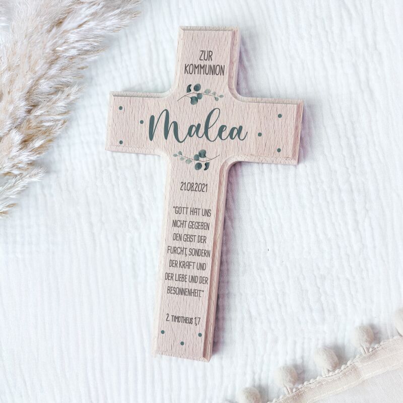 Personalisiertes Kreuz zur Kommunion Aquarell "Eukalyptus"