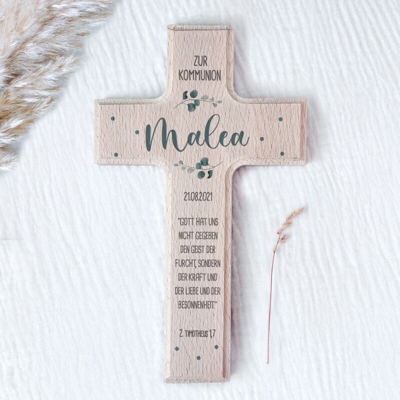 Personalisiertes Kreuz zur Kommunion Aquarell "Eukalyptus"