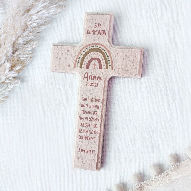 Personalisiertes Kreuz zur Kommunion Aquarell "Regenbogen Rosa"