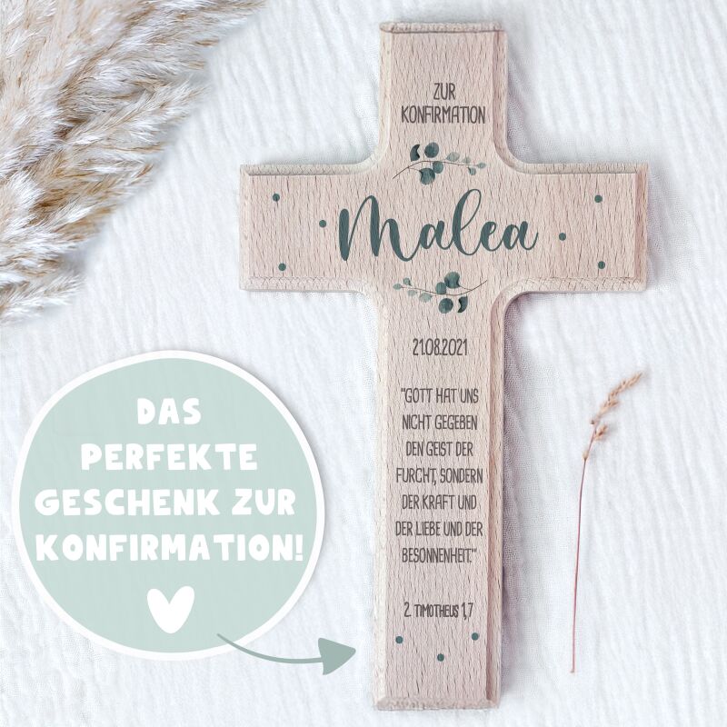 Personalisiertes Kreuz zur Konfirmation Aquarell "Eukalyptus"