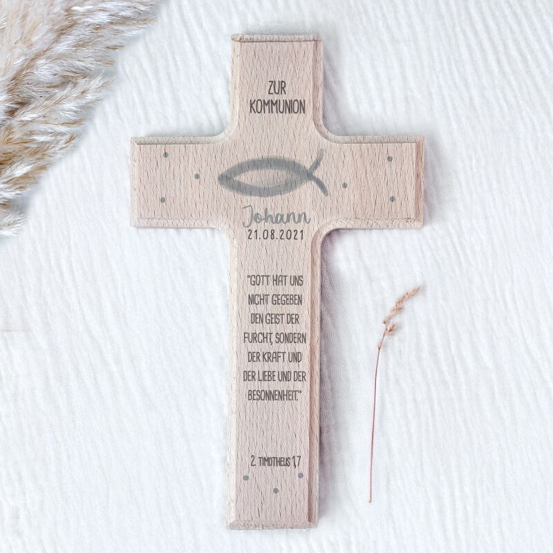 Personalisiertes Kreuz zur Konfirmation Aquarell "Fisch"