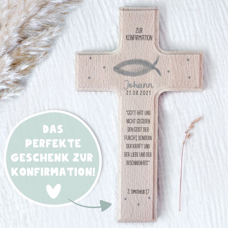 Personalisiertes Kreuz zur Konfirmation Aquarell "Fisch"