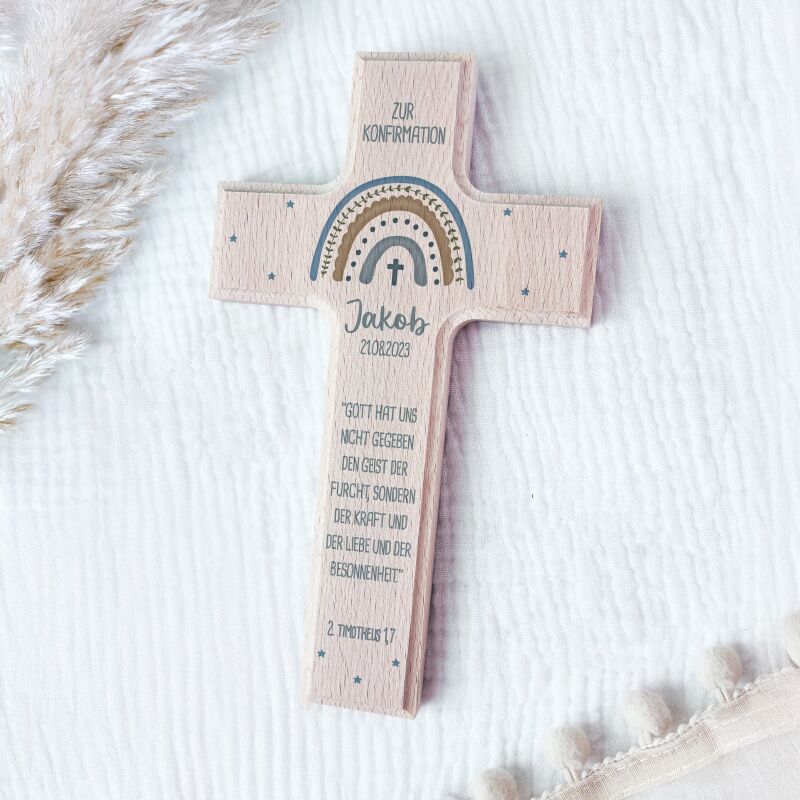 Personalisiertes Kreuz zur Konfirmation Aquarell "Regenbogen Blau"