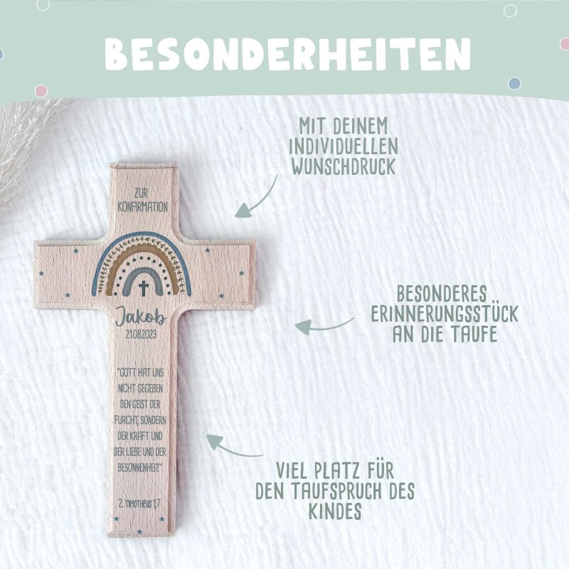 Personalisiertes Kreuz zur Konfirmation Aquarell "Regenbogen Blau"