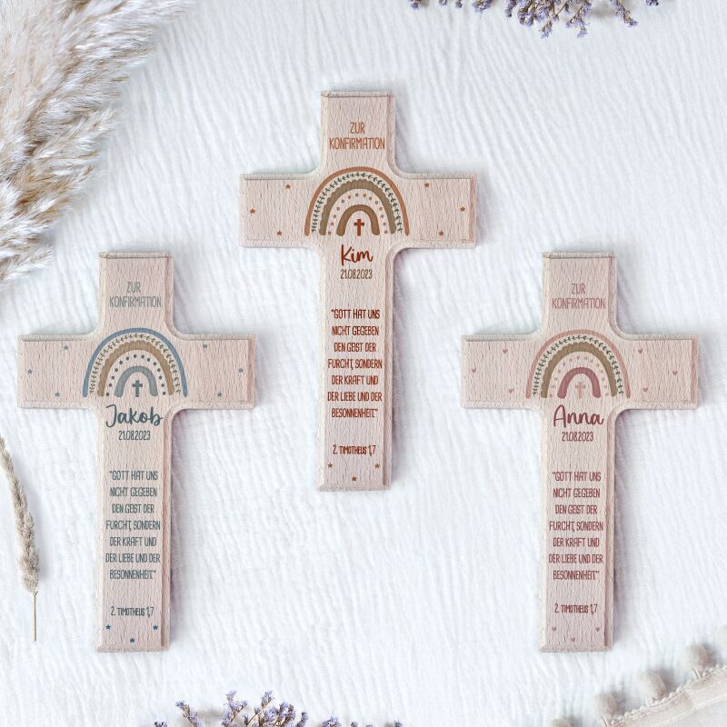 Personalisiertes Kreuz zur Konfirmation Aquarell "Regenbogen Rosa"
