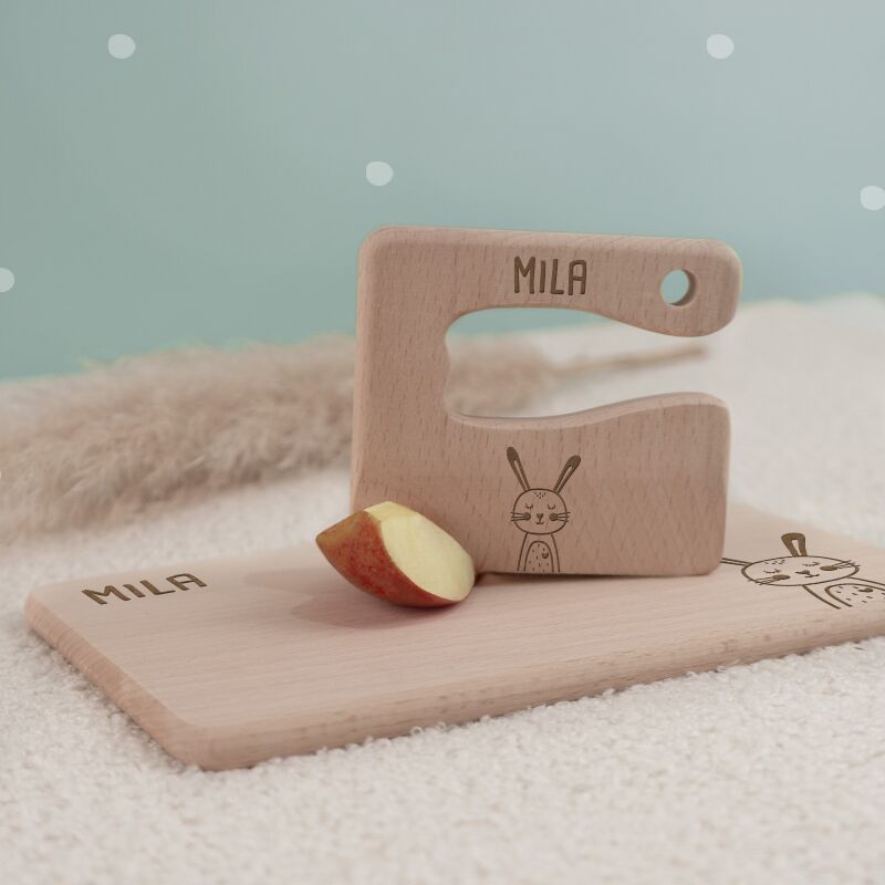 Personalisiertes Set aus Frühstücksbrettchen & Montessori-Kindermesser "Tiere"
