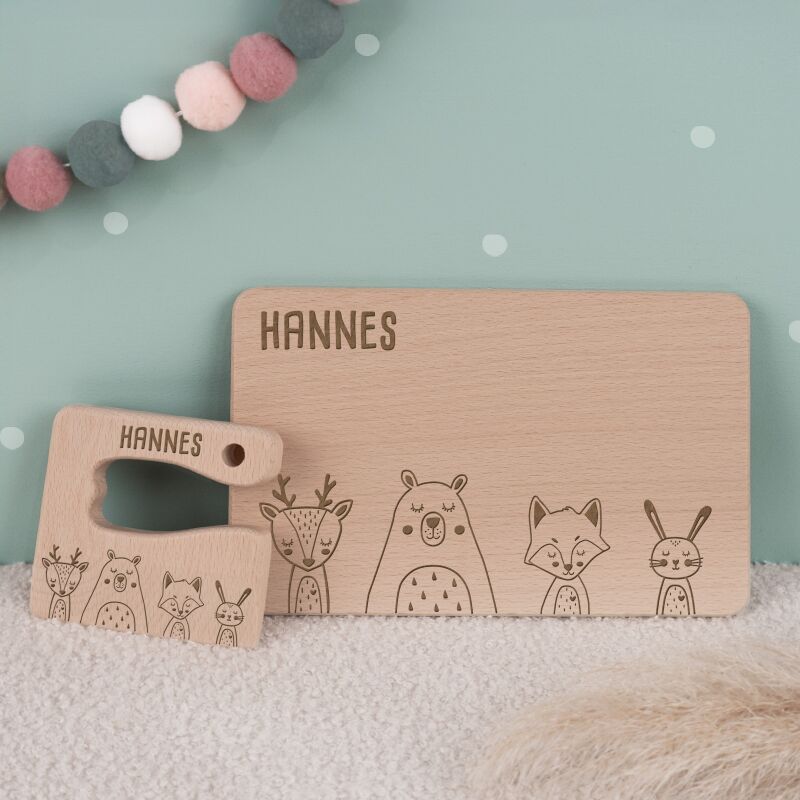 Personalisiertes Set aus Frühstücksbrettchen & Montessori-Kindermesser "Tierwelt"