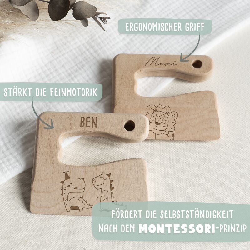 Personalisiertes Set aus Frühstücksbrettchen & Montessori-Kindermesser "Tierwelt"