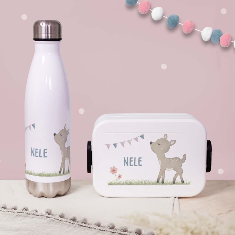 Personalisiertes Set Trinkflasche & Mepal Lunchbox "Rehkitz Rasen"