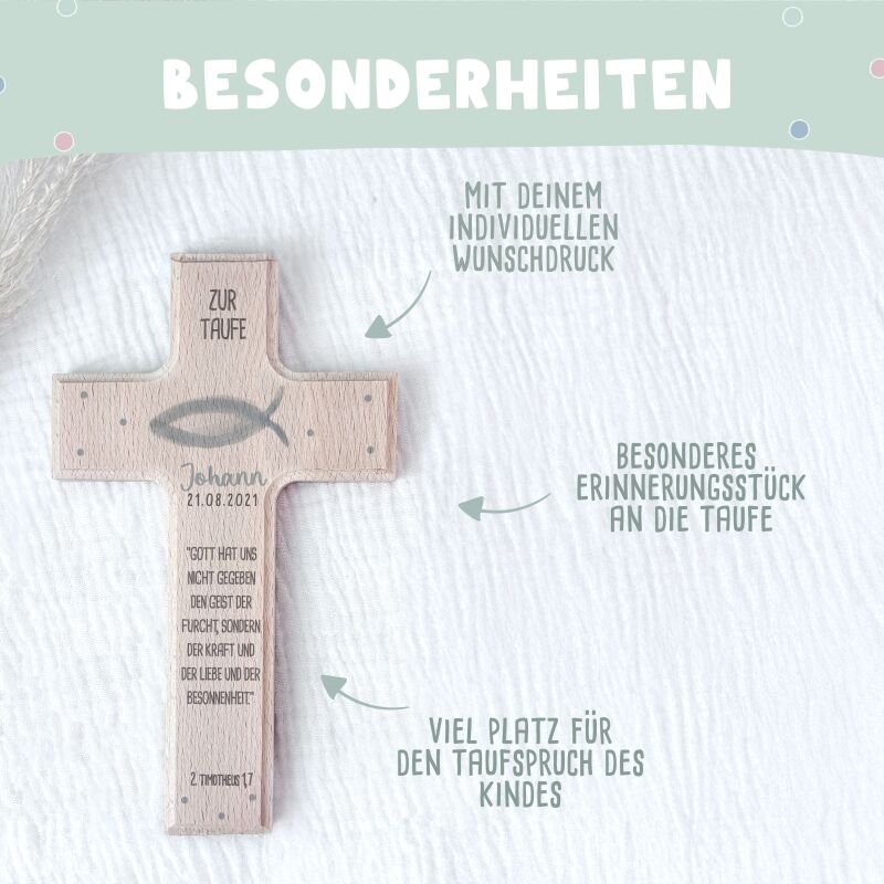 Personalisiertes Taufkreuz Aquarell "Fisch"