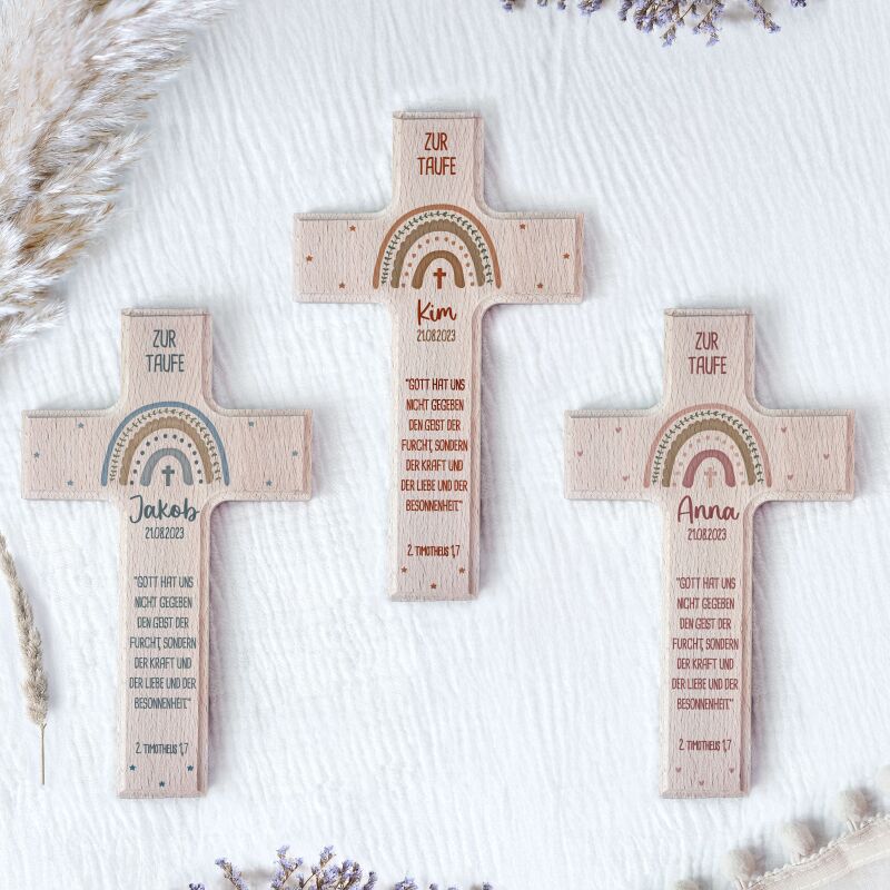 Personalisiertes Taufkreuz Aquarell "Regenbogen Beige"