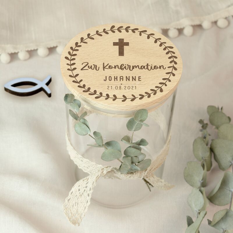 Vorratsglas zur Konfirmation personalisiert Gravur