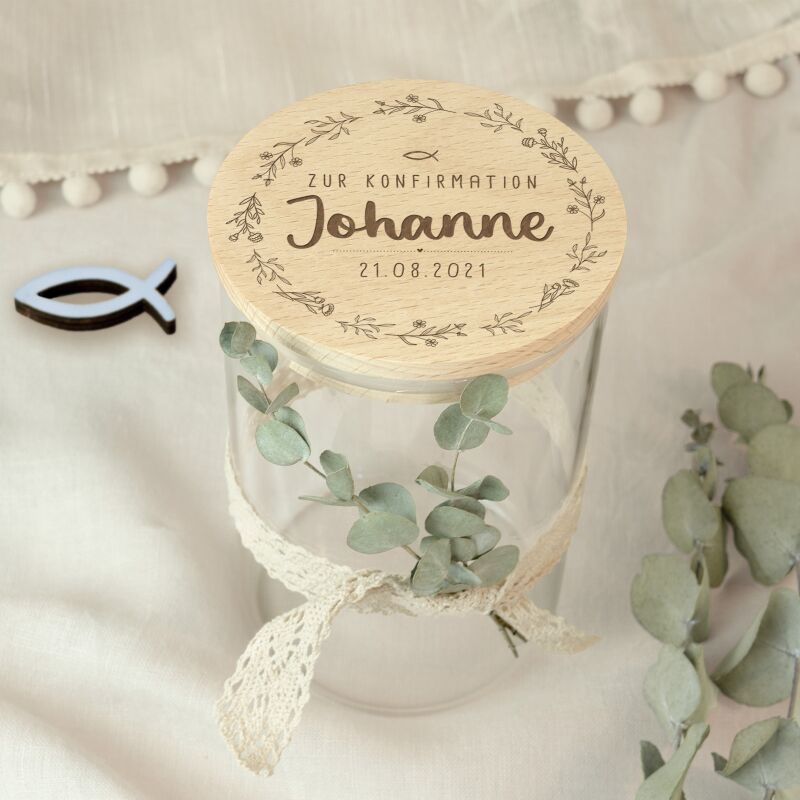 Vorratsglas zur Konfirmation personalisiert Gravur
