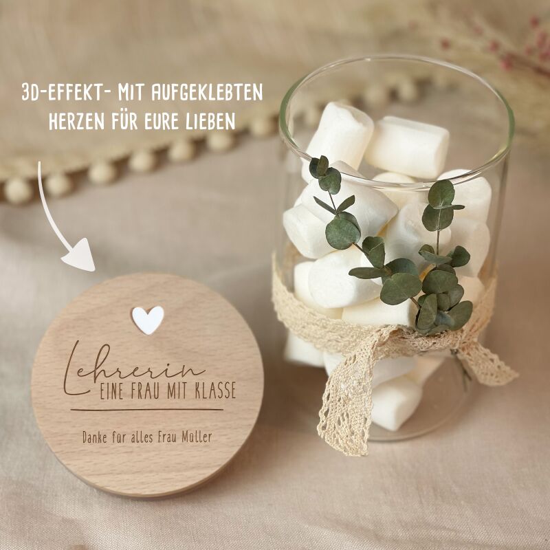 Vorratsglas „Lehrerin mit Klasse“ mit 3D-Herz personalisiert