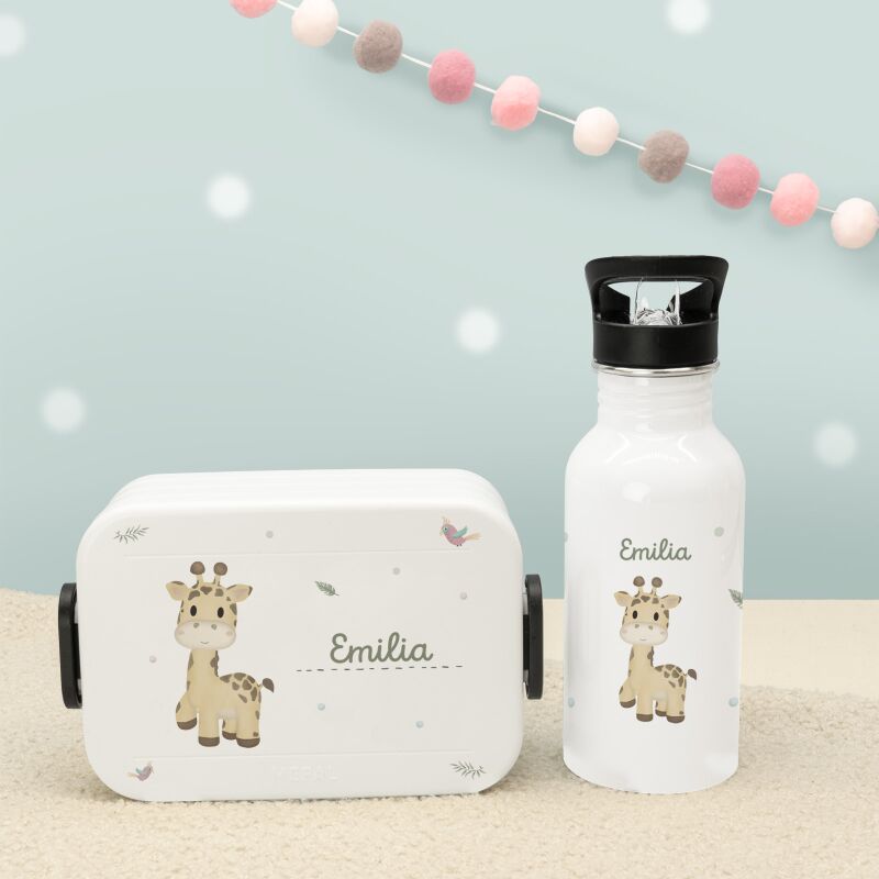 Set Personalisierte Mepal-Lunchbox & Trinkflasche mit Trinkhalm "Giraffe"