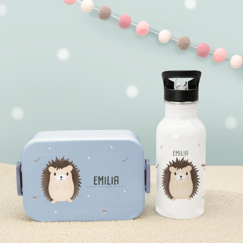 Set Personalisierte Mepal-Lunchbox & Trinkflasche mit Trinkhalm "Igel"