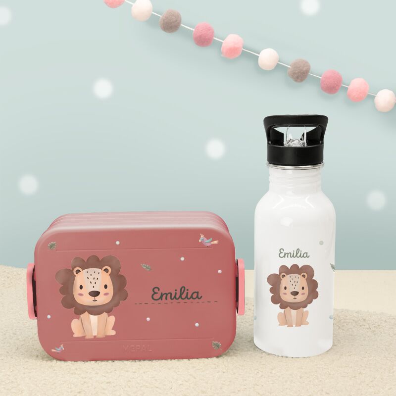 Set Personalisierte Mepal-Lunchbox & Trinkflasche mit Trinkhalm "Löwe"