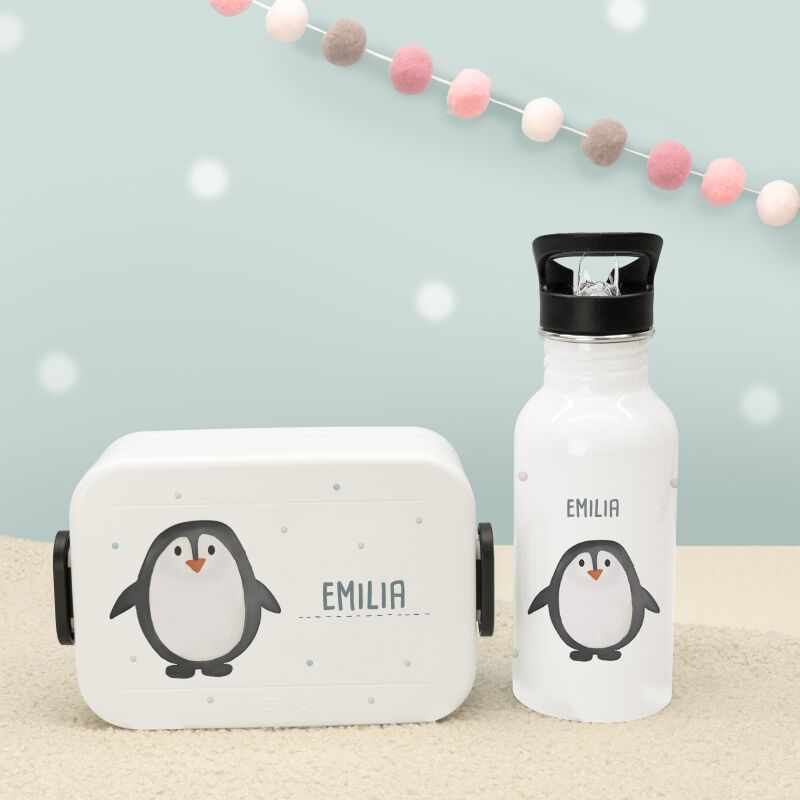 Set Personalisierte Mepal-Lunchbox & Trinkflasche mit Trinkhalm "Pinguin"