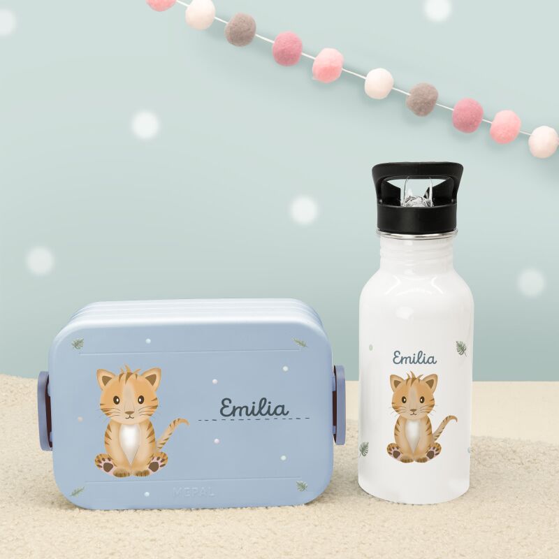 Set Personalisierte Mepal-Lunchbox & Trinkflasche mit Trinkhalm "Tiger"