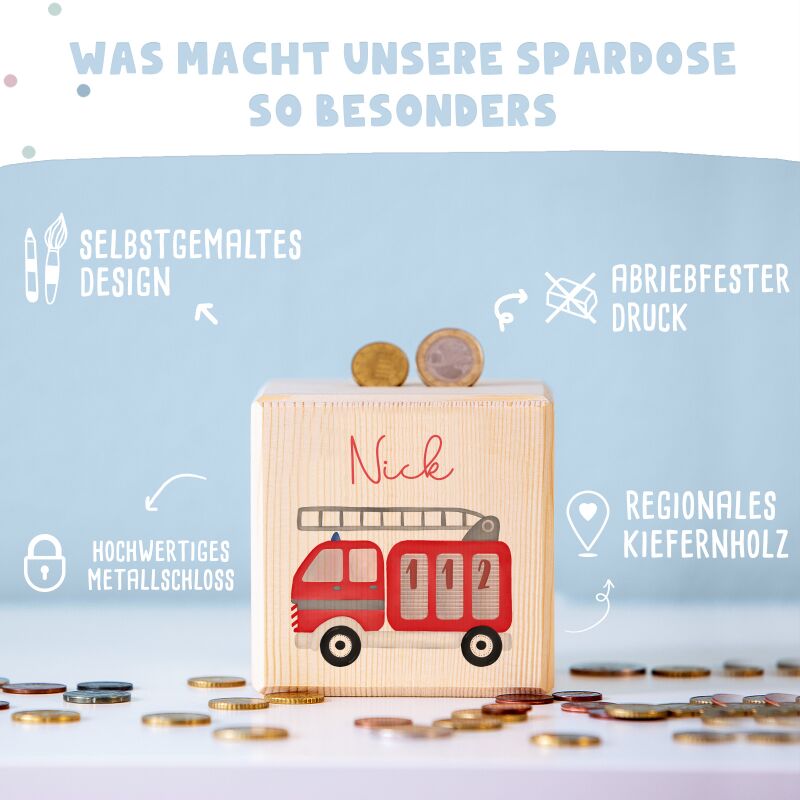 Spardose Würfel "Feuerwehr" bunt bedruckt